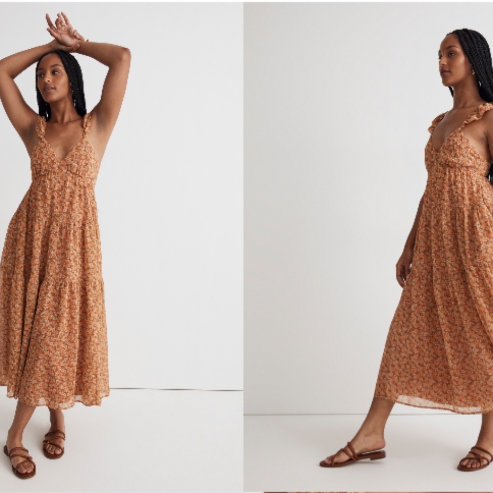 Madewell Georgette Ruffle-Sleeve Tiered Midi Dress